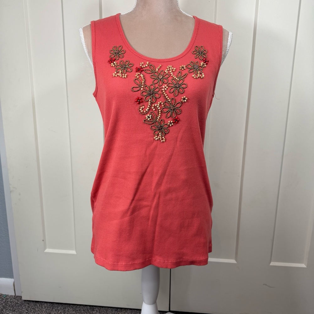 Dressbarn Womens XL Summer‎ Tank Top Beaded Flower Boho Chic Western Ribbed